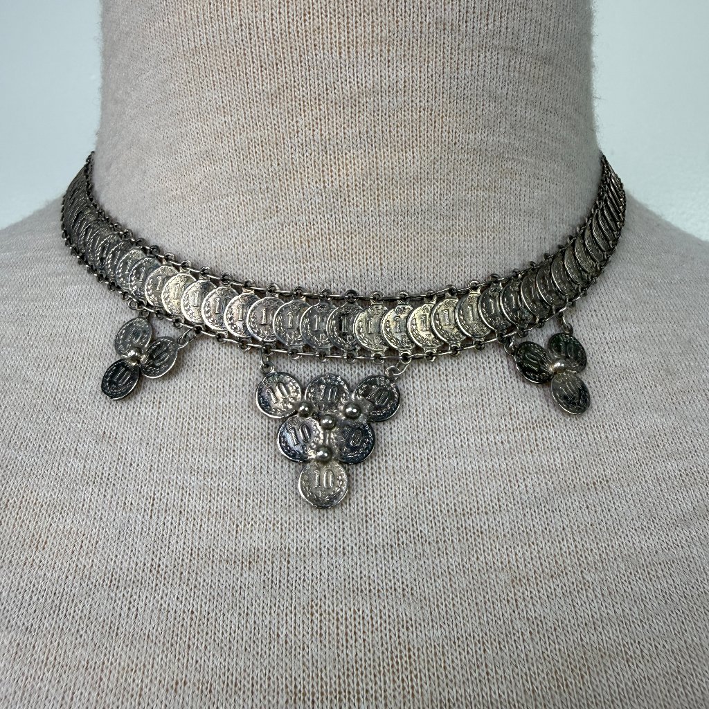 Vintage Sterling Mexico Mini Coin Necklace 16" Unique